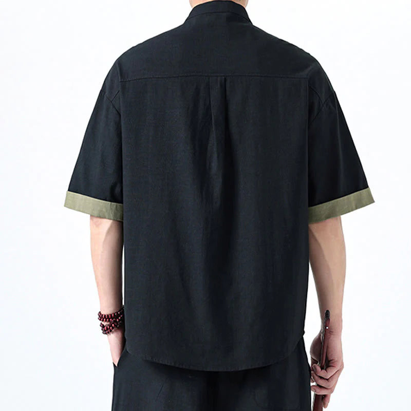 Buddha Stones Spring Color Contrast Chinese Frog-Button Design Men's Half Sleeve Cotton Linen Shirt
