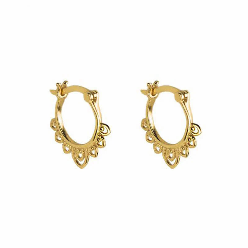Buddha Stones Round Lotus Flower Pattern Luck Hoop Earrings