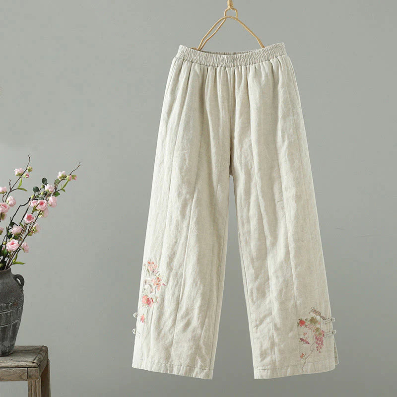 Buddha Stones Embroidered Frog Button Padded Women's Wide Leg Pants With Pockets