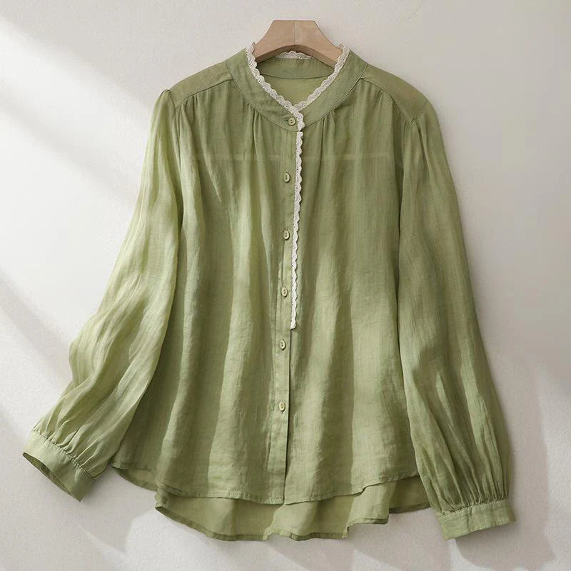 Buddha Stones Pure Color Lace Design Long Lantern Sleeve Women's Cotton Linen Shirt