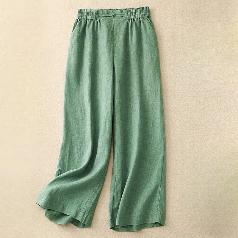 Buddha Stones Daily Solid Color Elastic Waistband Frog-Button Cotton Women's Wide Leg Pants With Pockets