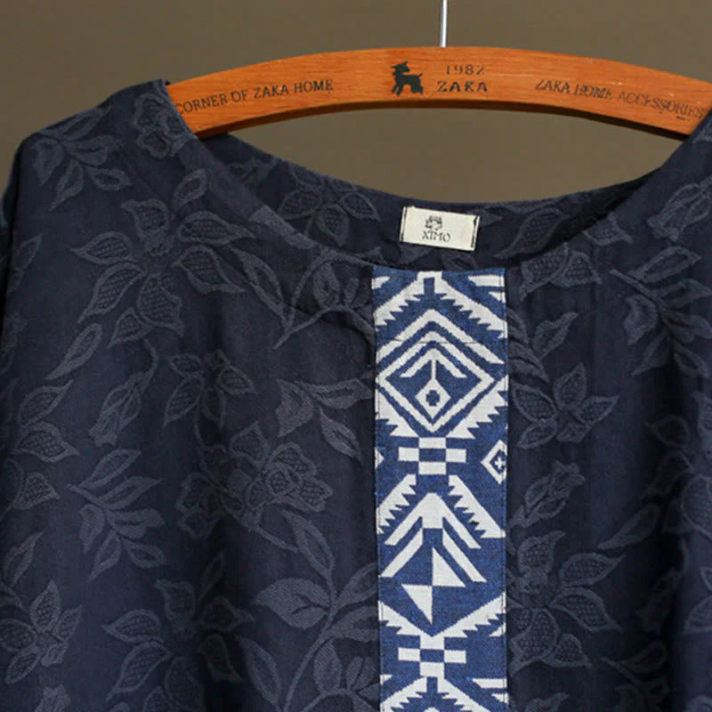Buddha Stones Blue Flowers Embroidery Jacquard Midi Dress Three Quarter Sleeve Cotton Dress With Pockets