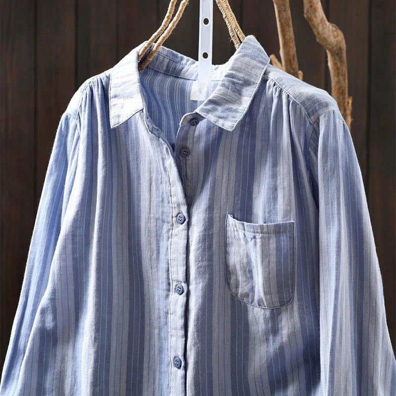 Buddha Stones Fall Vertical Stripes Button Down Stand Collar Long Sleeve Women's Cotton Shirt