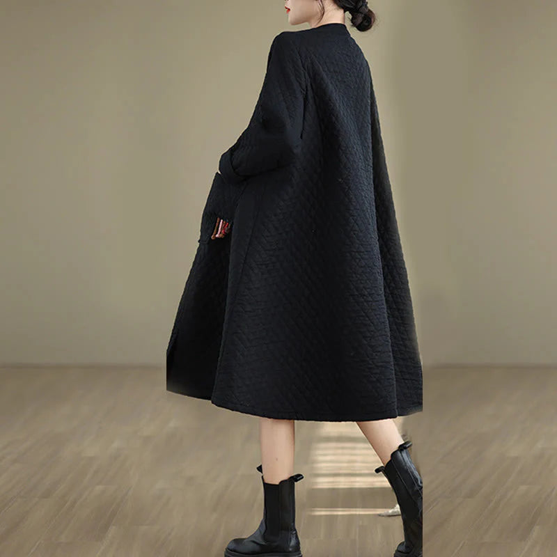 Buddha Stones Diamond Pattern Mid-length Women's Cotton Coat With Pockets
