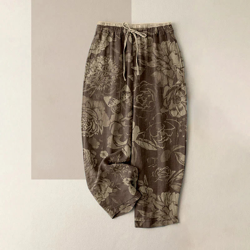 Buddha Stones Cotton Casual Peony Flowers Leaves Pattern Women's Elastic Waist Pants With Pockets