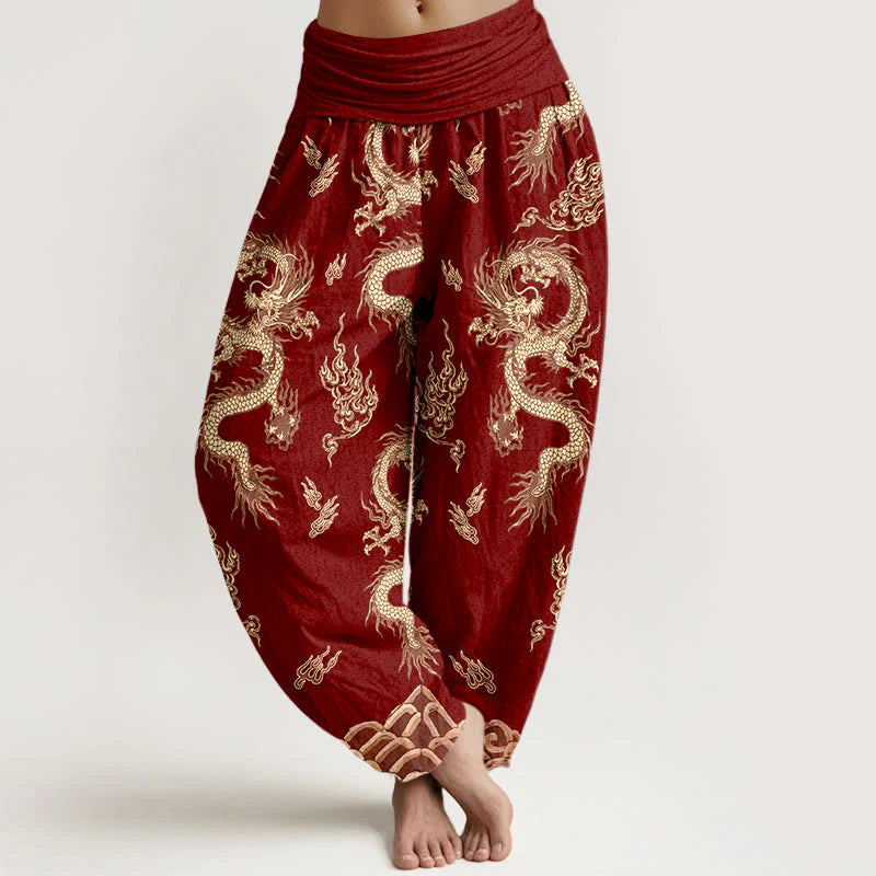Buddha Stones Pure Cotton Dragon And Cloud Pattern Women's Elastic Waist Harem Pants