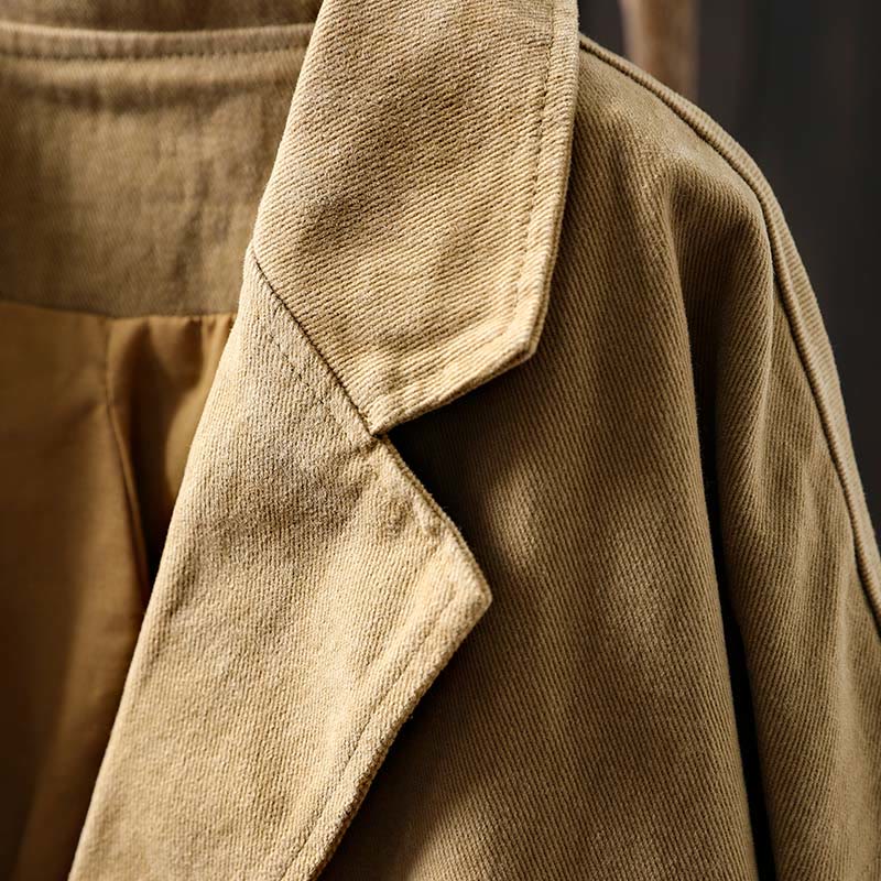 Buddha Stones Spring Fall Buttons Lapel Collar Long Sleeve Mid-length Cotton Women's Jacket With Pockets