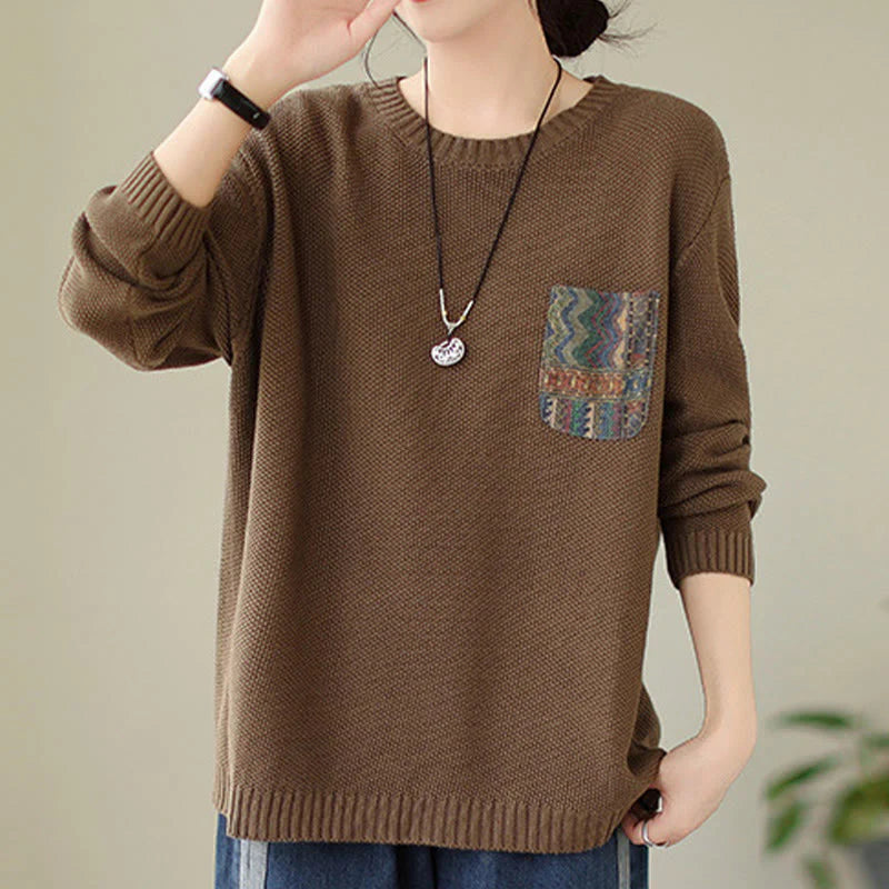 Buddha Stones Fall Floral Decorative Pocket Pattern Knitted Cotton Women's Long Sleeve Sweater