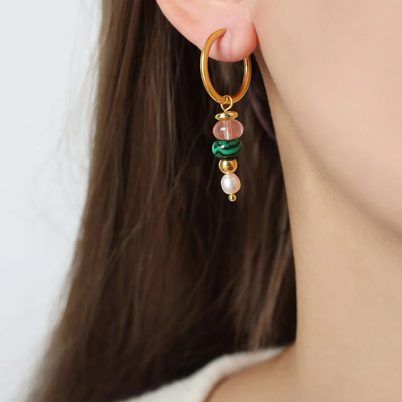 Buddha Stones Tibetan Marnyi Stone Design Natural Red Agate Pearl Confidence Titanium Steel Earrings