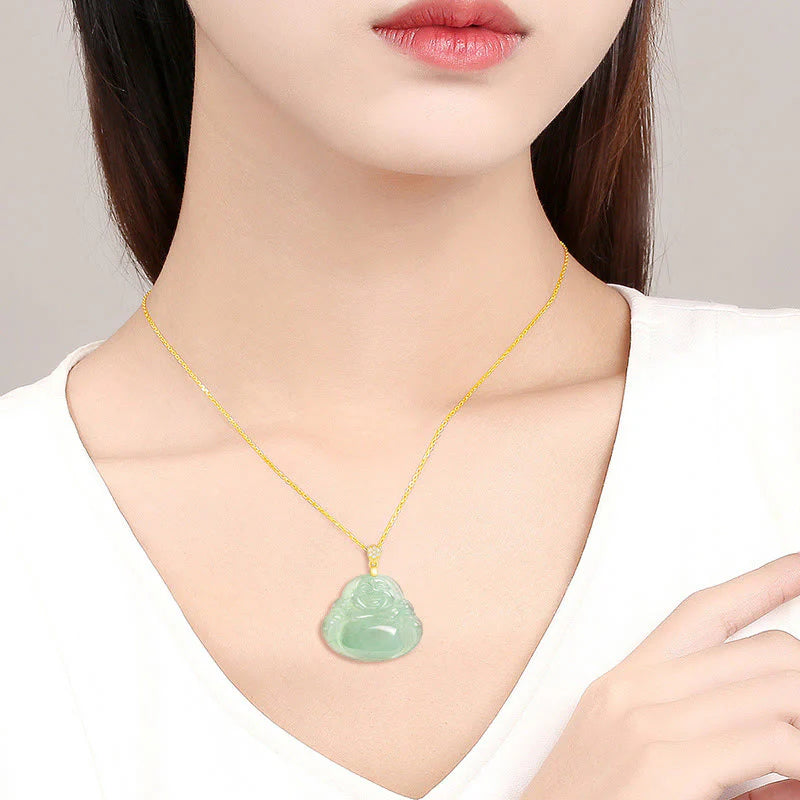 Buddha Stones Natural Jade Laughing Buddha Luck Prosperity Titanium Steel Chain Necklace Pendant