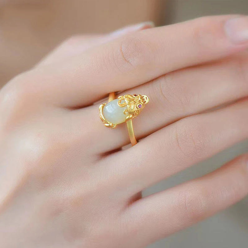 Buddha Stones 18k Gold-plated Pixiu Jade Wealth Ring (Extra 35% Off | USE CODE: FS35)