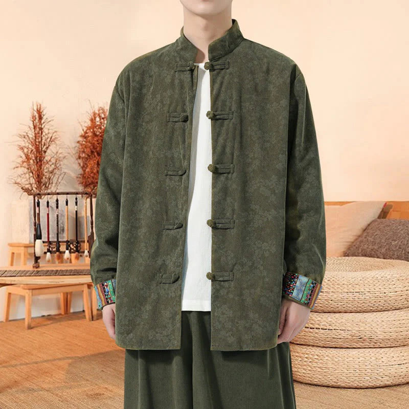 Buddha Stones Plain Plum Blossom Pattern Long Sleeve Men's Cotton Corduroy Tang Suit Jacket