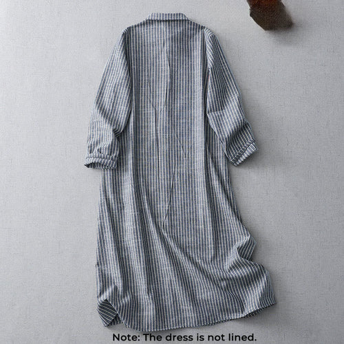 Buddha Stones LightSteelBlue White Striped Long Sleeve Lapel Cotton Linen Midi Dress With Pockets
