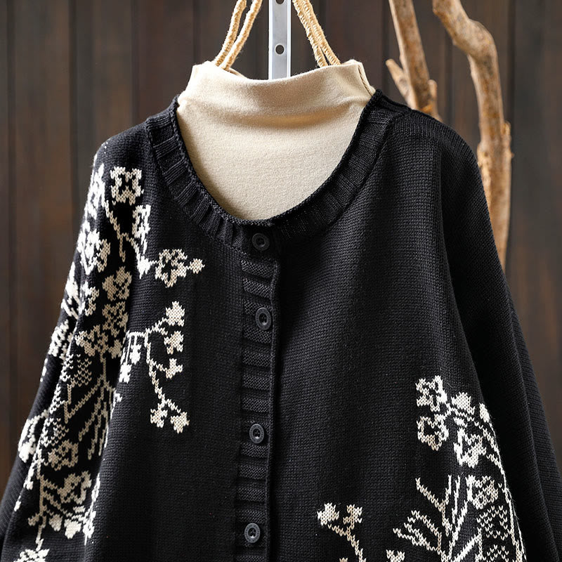 Buddha Stones Floral Buttons Cotton Women's Long Batwing Sleeve Knitted Cardigan