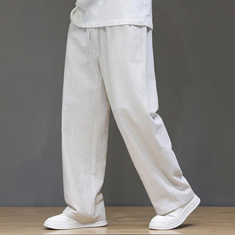 Buddha Stones Summer Men's Cotton Linen Straight Leg Pants With Pockets