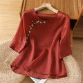 Buddha Stones Casual Embroidery Flowers Cotton Polyester Half Sleeve Women's Crew Neck Shirt