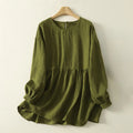 Buddha Stones Casual Olive Green Crew Neck Women's Cotton Linen Long Sleeve Shirt