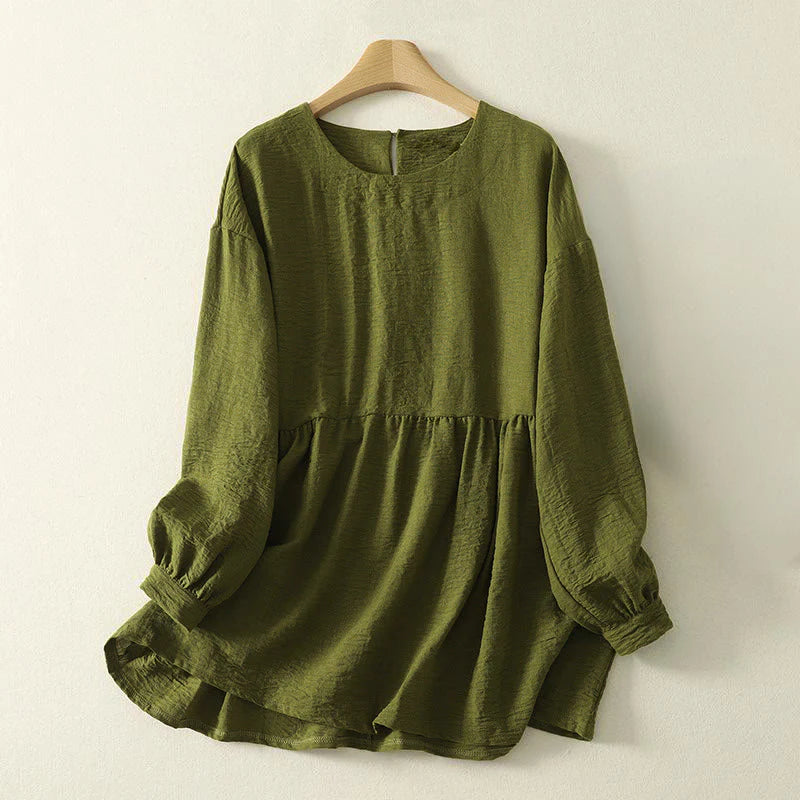 Buddha Stones Casual Olive Green Crew Neck Women's Cotton Linen Long Sleeve Shirt