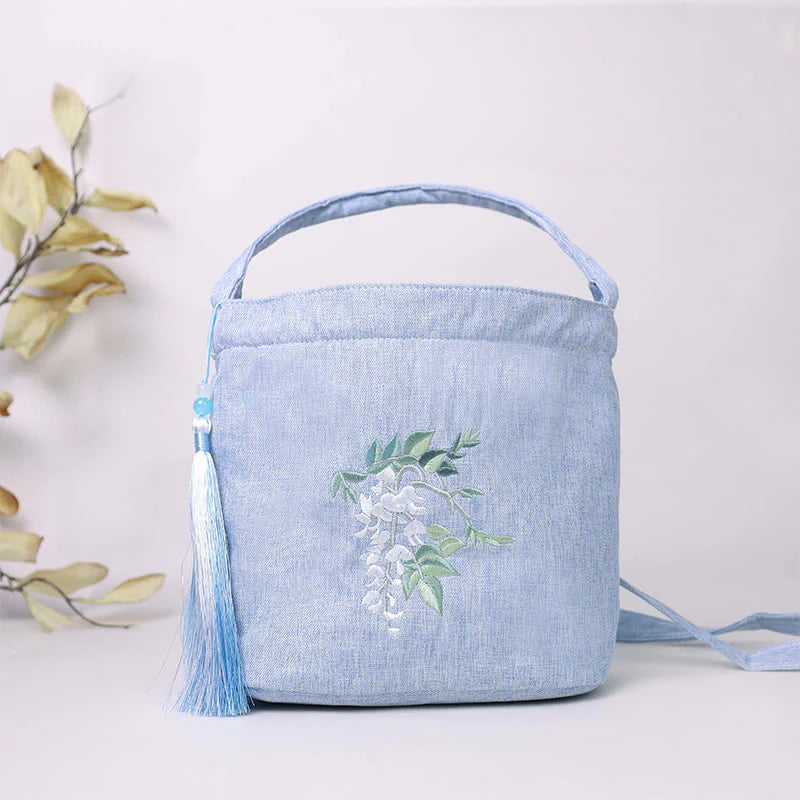 Buddha Stones Embroidery Wisteria Plum Lotus Cherry Blossom Cotton Linen Canvas Tote Crossbody Bag Shoulder Bag Handbag