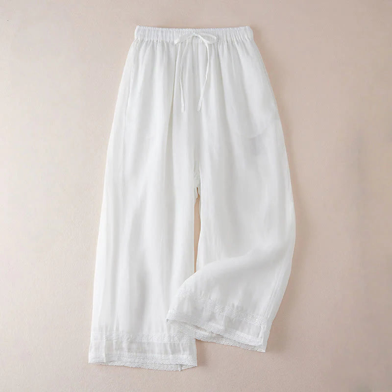 Buddha Stones Casual Lining Design Cotton Women's 7-8 Length Wide Leg Pants With Pockets
