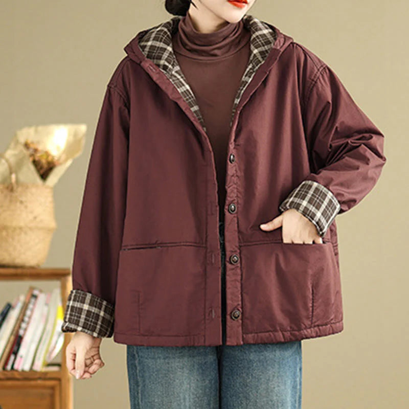 Buddha Stones Plaid Hoodie Pattern Women's Long Sleeve Cotton Thickened Jacket With Pockets