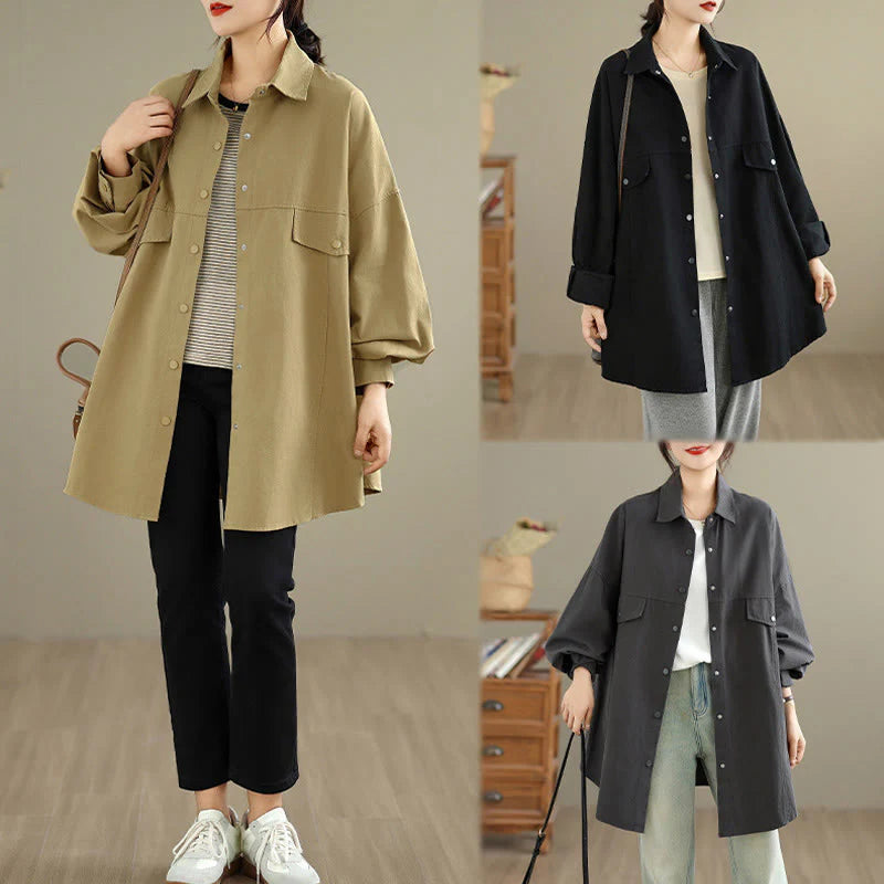 Buddha Stones Fall Pure Color Lapel Button Simple Design Women's Cotton Long Sleeve Jacket