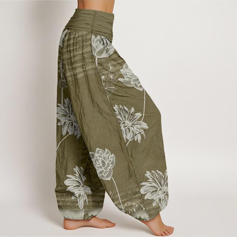 Buddha Stones Lotus High Waist Design Women's Harem Cotton Pants