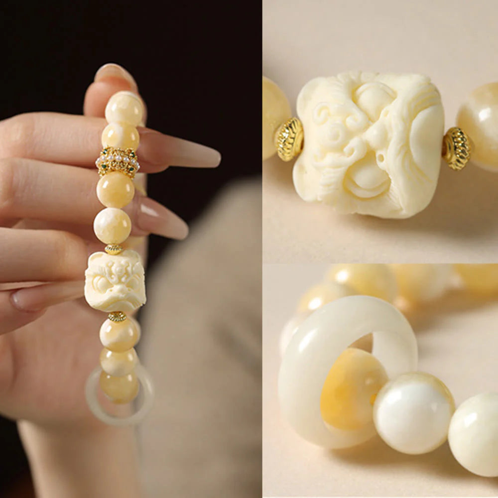 Buddha Stones Amber Gray Agate Ivory Fruit Confidence Bracelet
