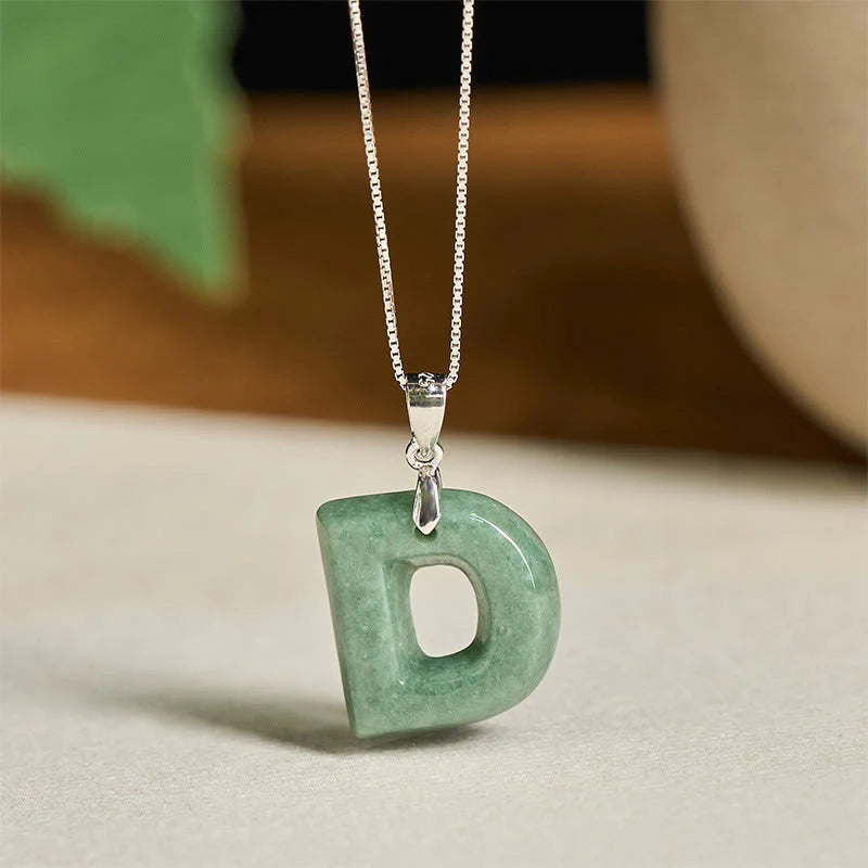 Buddha Stones Natural A-Z Letter Jade 925 Sterling Silver Silm Chain Prosperity Necklace Pendant