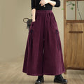 Buddha Stones Women's Pure Color Drawstring Design Wide Leg Corduroy Pants With Pockets