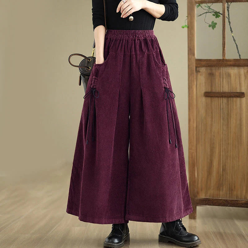 Buddha Stones Women's Pure Color Drawstring Design Wide Leg Corduroy Pants With Pockets