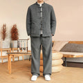 Buddha Stones 2Pcs Winter Solid Men's Tang Suit Frog-Button Cotton Long Sleeve Jacket Pants Set With Pockets