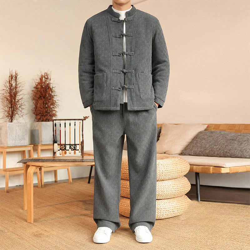 Buddha Stones 2Pcs Winter Solid Men's Tang Suit Frog-Button Cotton Long Sleeve Jacket Pants Set With Pockets