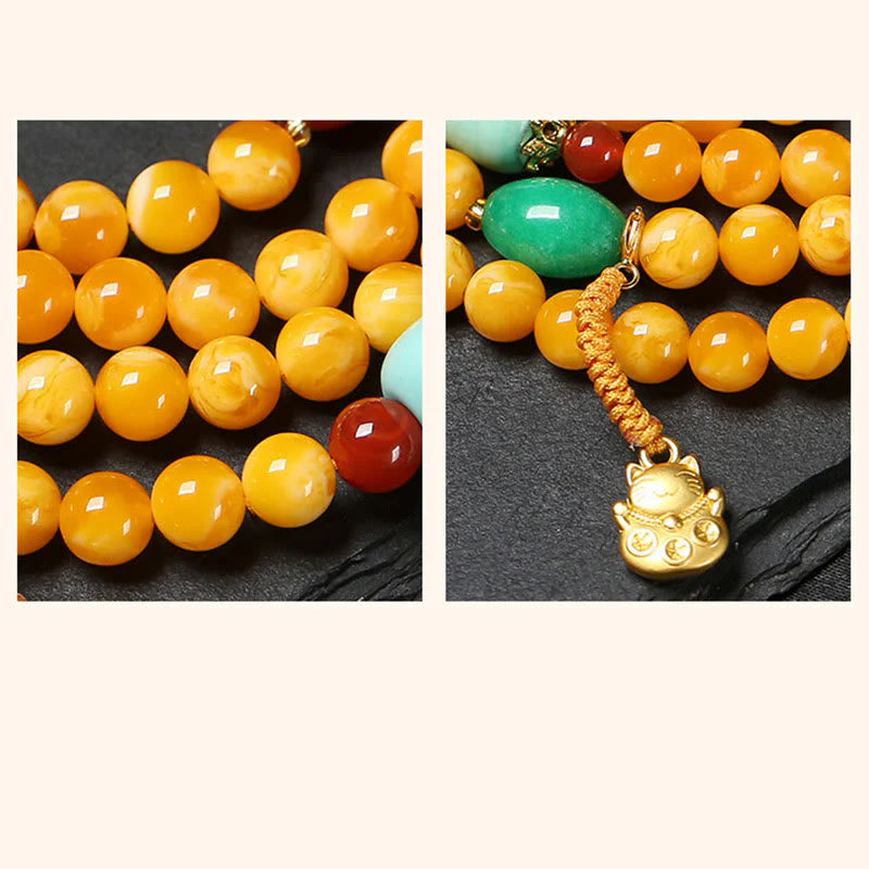 Buddha Stones 108 Beads Peace Buckle Lucky Cat Amber Auspicious Fortune Mala