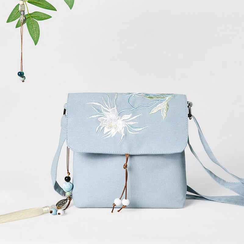 Buddha Stones Plain Embroidered LightBlue Epiphyllum Cotton Linen Crossbody Bag Shoulder Bag