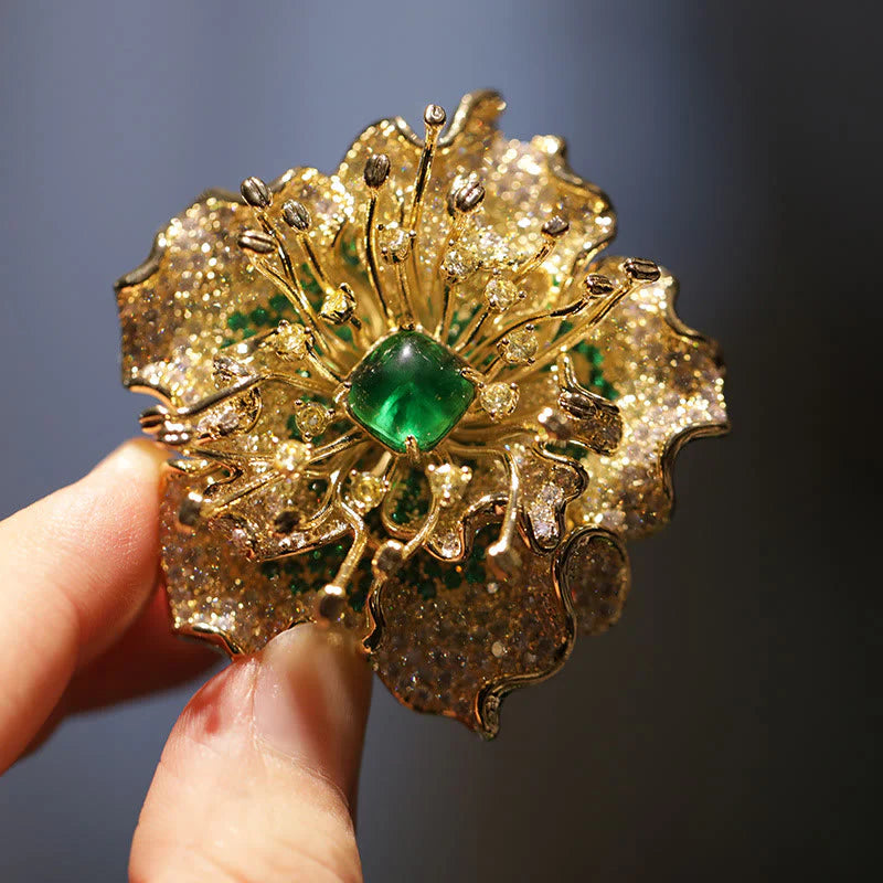 Buddha Stones Peony Flower Prosperity Copper Brooch