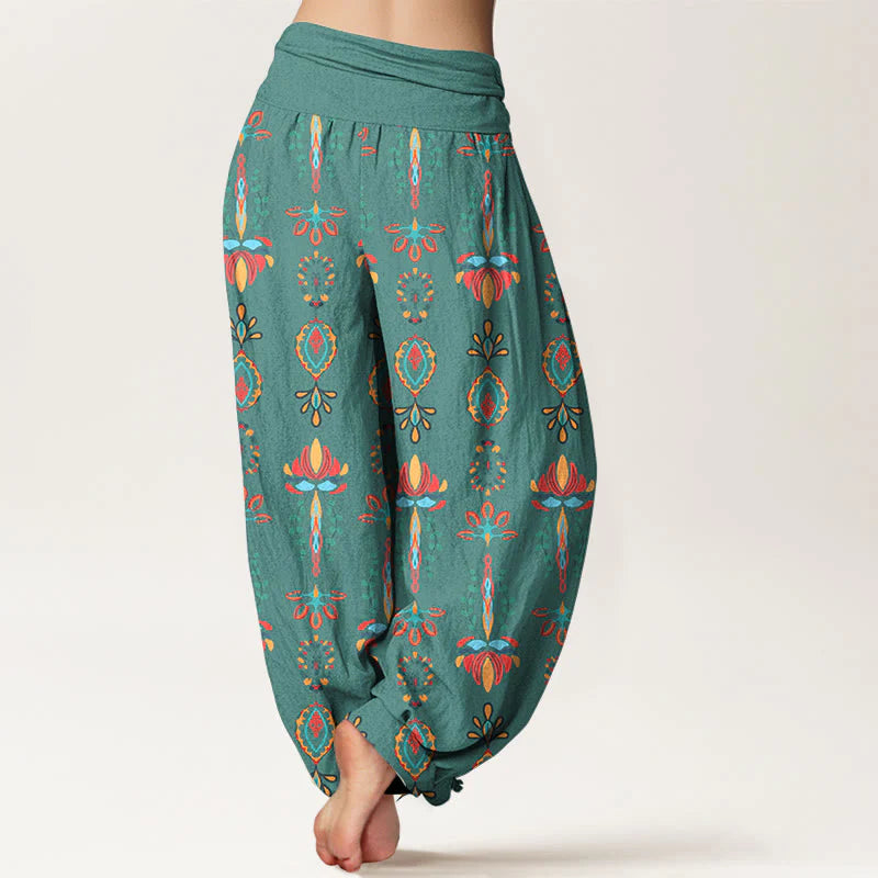 Buddha Stones Pure Cotton Colorful Lotus Flowers Green Leaves Geometric Women's Elastic Waist Harem Pants