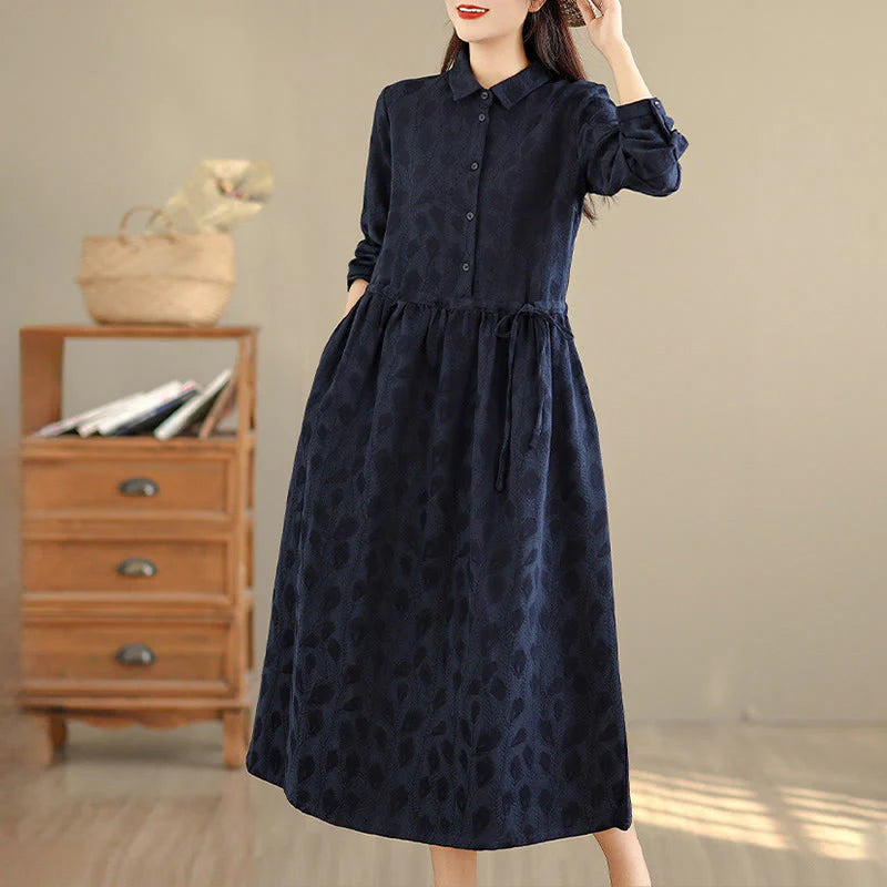 Buddha Stones Leaf Pattern Stand Collar Long Sleeve Cotton Midi Dress With Pockets