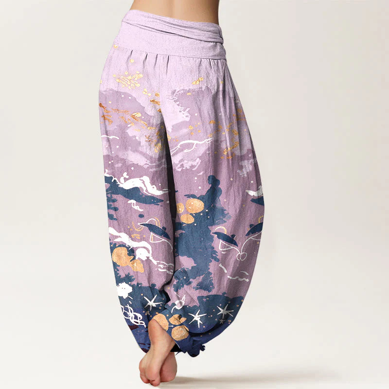 Buddha Stones Cotton Waves Sky Pattern Women's Elastic Waist Harem Pants