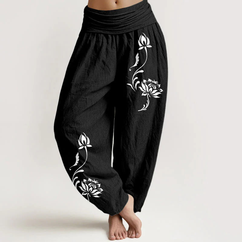 Buddha Stones Cotton Stable Lotus Petals Pattern Women's Elastic Waist Harem Pants