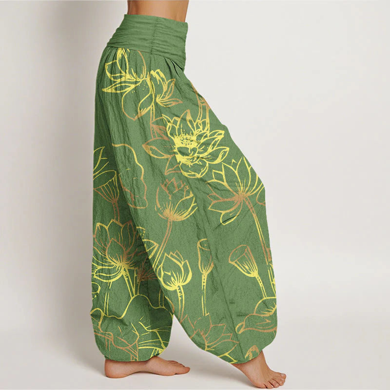 Buddha Stones Print Lotus Flowers Leaves Pattern Women's Elastic Waist Harem Cotton Pants