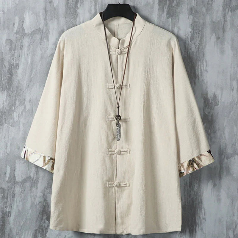 Buddha Stones Summer Frog-button Patchwork Half Sleeve Design Cotton Linen Men's Shirt Jacket