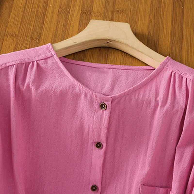 Buddha Stones Casual Plain Buttons Half Sleeve Women's Cotton Linen Shirt With Pocket