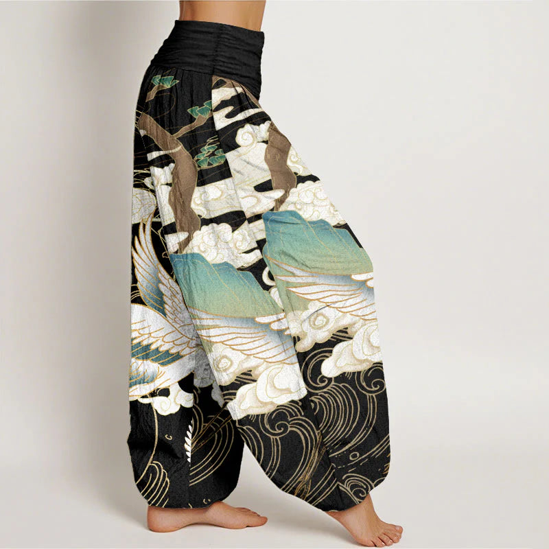 Buddha Stones Pure Cotton Flying Cranes Auspicious Clouds TreeÂ women's Elastic Waist Harem Pants