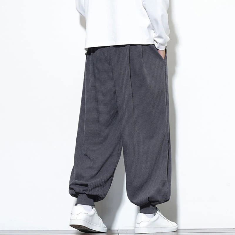Buddha Stones Fall Plain Drawstring Simple Design Men's Harem Cotton Corduroy Pants With Pockets