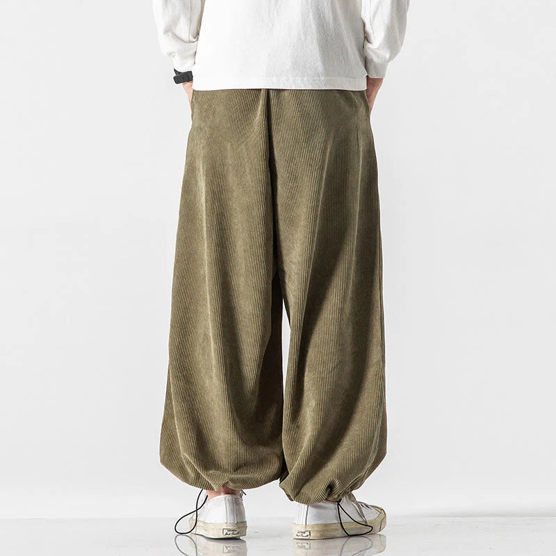 Buddha Stones Fall Winter Lace-up Chinese Character Embroidery Men's Corduroy Pants With Pockets