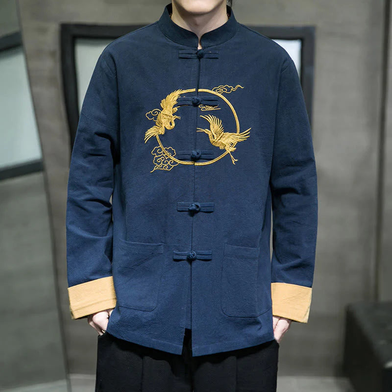 Buddha Stones Embroidery Cranes Pattern Frog-Button Men's Cotton Long Sleeve Jacket With Pockets