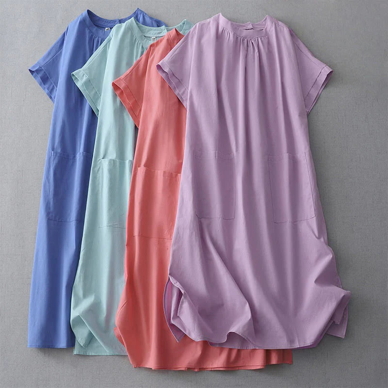 Buddha Stones Casual Pure Color Back Buttons Design Crew Neck Short Sleeve Cotton Linen Midi Dress With Pockets