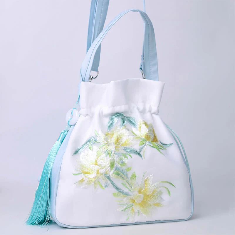 Buddha Stones Suzhou Embroidery Rabbit Lotus Epiphyllum Peony Magnolia Silk Tote Crossbody Bag Shoulder Bag Handbag