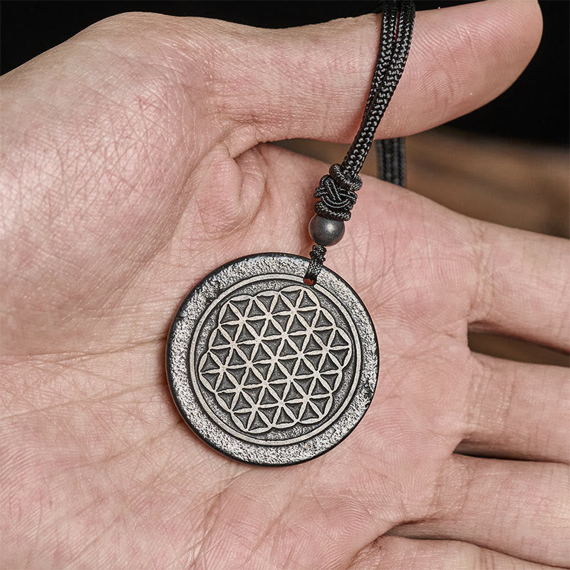 Buddha Stones Flower of Life Carving Design Authentic Shungite Stone Protection Necklace Pendant